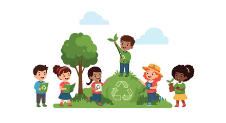 Fototapeta premium An illustration of a group of diverse children in a park, participating in eco-friendly activities like planting trees and holding recycling books.