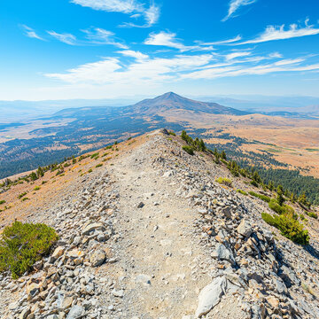 Mountain ridge trail to a distant peak, with sweeping valleys, forests, and dry land under a clear blue sky