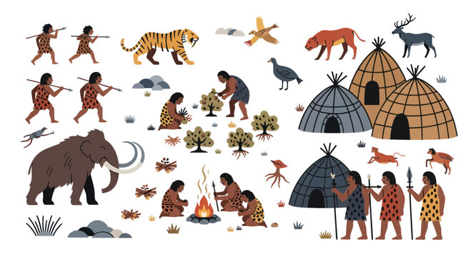 Prehistoric life scene with cavemen, mammoth, huts, and animals