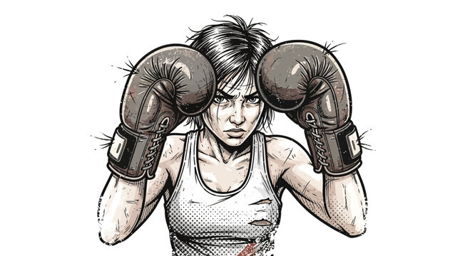 Determined female boxer with boxing gloves, ready to fight, white background