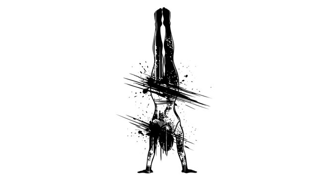 Dynamic handstand silhouette with abstract ink splashes