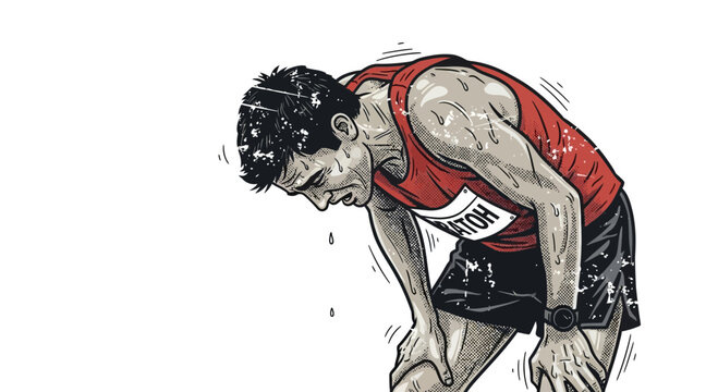Exhausted runner taking a break after marathon race, sweat dripping