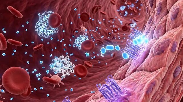 Insulin glucose hormone signaling through receptor along endothelial capillary bloodstream inside artery with red blood cell platelet immune cell antibody near vascular wall molecule transport 3D
