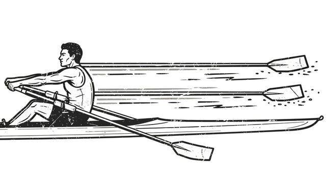 Rowing athlete in single scull boat, dynamic motion lines, vintage illustration