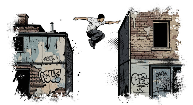Urban athlete jumps between dilapidated buildings, parkour action