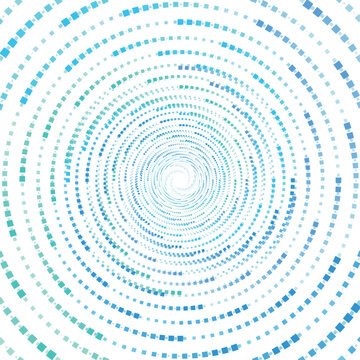 Abstract blue and teal circular dotted fractal tunnel forming cleanical geometric pattern, futuristic technology background with depth, symmetry, and dynamic perspective.