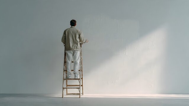 Businessman in suit climbing ladder and stairs at construction site representing work and success