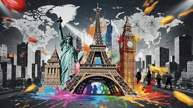 Vibrant Global Landmarks Collage Featuring Statue of Liberty, Eiffel Tower, and Big Ben in Colorful Paint Splashes