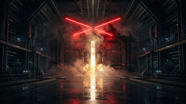 A dark, futuristic 3d rendered cyber stage with a glowing red neon x and central light pillar amidst smoke.