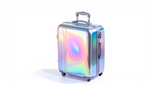 Holographic iridescent suitcase with reflective surface and rolling wheels on white