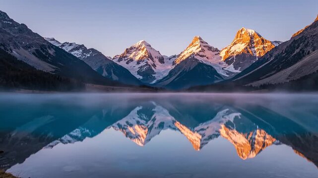 Alpine mountain range at sunrise featuring three snow-capped peaks illuminated by golden light reflecting in a still lake with morning mist and a purple gradient sky at dawn.