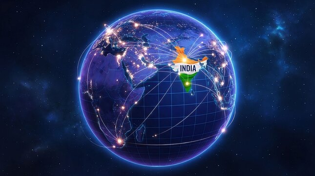 Digital Globe Highlighting India with Tricolor Flag Overlay and Global Network Connections Concept