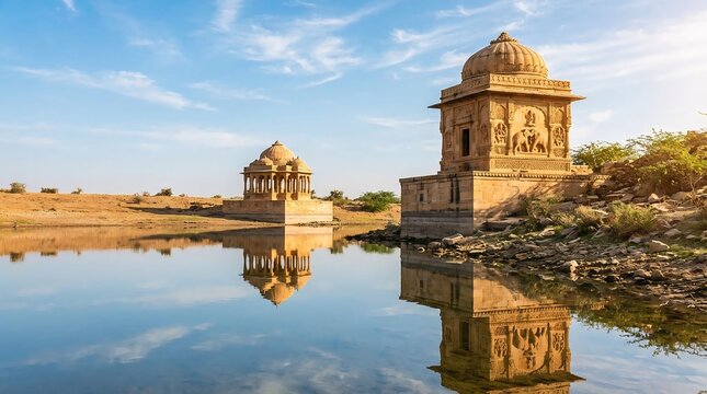 Historic Royal Cenotaphs by Lakeside with Reflection in Rajasthan India, Architectural Heritage Landscape
