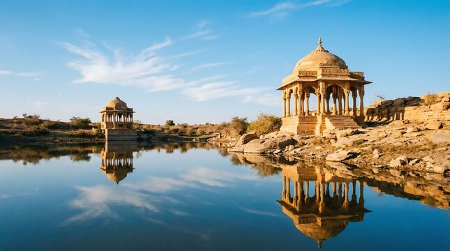 Historic Royal Cenotaphs by Lakeside with Reflection in Rajasthan India, Architectural Heritage Landscape