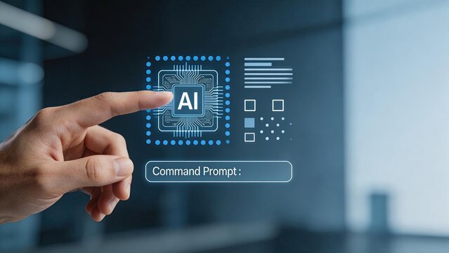 Hand touching virtual screen displaying AI chip iconcommand prompt box in modern office for future tech conceptinnovation automation data processing system control interface