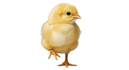 Obraz premium Fluffy yellow chick standing on one leg, cute baby chicken isolated on white background, newborn poultry bird for Easter and farm concepts