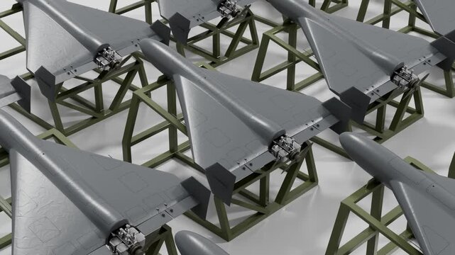 Multiple Military Combat Drones Stored On Green Racks