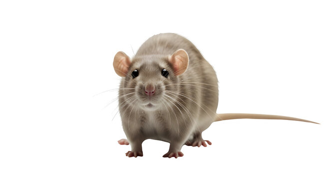 Brown fancy rat on white background, curious pet rodent looking at camera, domestic rat with soft fur and whiskers isolated on white