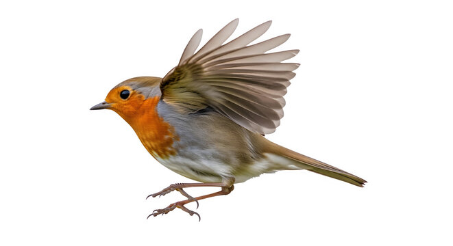 European robin in flight on white background, orange breasted songbird with wings spread, garden bird isolated for design
