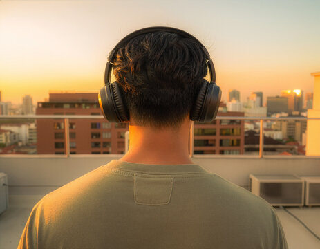 Back view of a person wearing headset on a rooftop at golden hour, entire frame including headset
