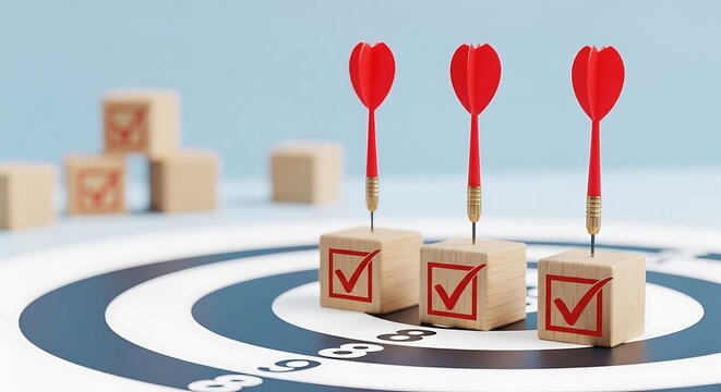 3 darts in bullseye cubes, checkmarks, targets, teamwork, achievement concept on blue