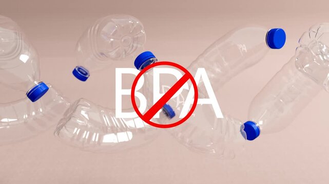 BPA prohibited symbol overlaid on floating clear plastic bottles