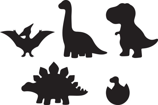 Prehistoric dinosaur silhouettes including T-Rex, Brachiosaurus, Stegosaurus, Pterodactyl, and hatching egg, bold minimalist black and white vector illustration
