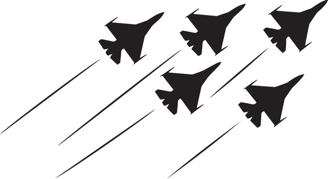Five fighter jets flying in diagonal formation with contrails, sleek military silhouette black and white vector illustration
