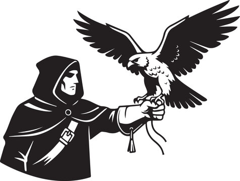A hooded falconer or masked figure extending a gloved hand to support a majestic soaring hawk with outstretched wings, high contrast bold vintage woodcut style black and white vector illustration
