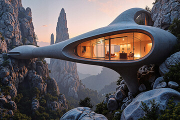 Fototapeta premium Futuristic Organic House Overlooking Mountain Landscape at Sunset