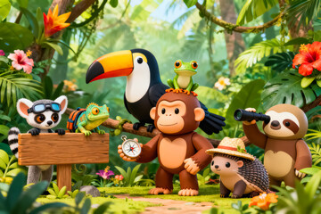 Fototapeta premium Adventurous Jungle Animals Exploring Together