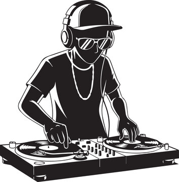 Dynamic DJ scratching vinyl on turntables with headphones and cap, high-contrast street art style black and white vector illustration ,
