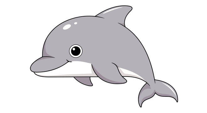 Playful cartoon dolphin illustration with a friendly smile against a clean white background for kid friendly designs