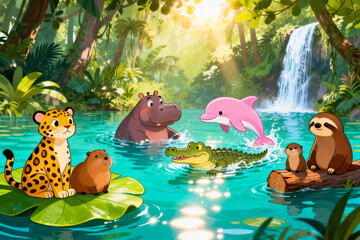Fototapeta premium Jungle Animals in River with Waterfall and Plants
