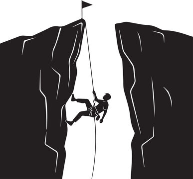 Rock climber scaling sheer cliff face toward summit flag, daring vertical ascent between chasms black and white vector illustration

