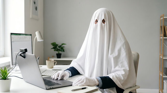 person dressed in white ghost sheet costume working on laptop at office desk funny concept for invisible employee ghosting at work burnout or halloween corporate celebration