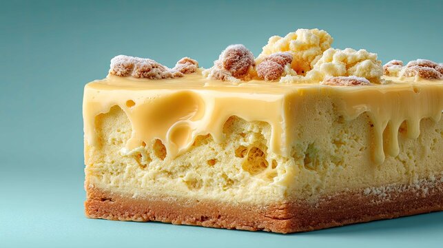 Creamy vanilla cheesecake dessert with crumbly topping and smooth glaze on pastel background for culinary and food photography