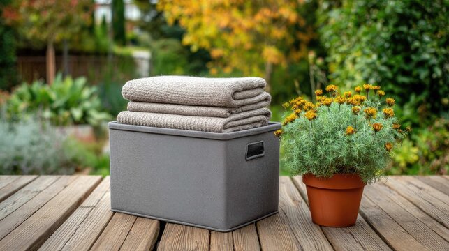 Cozy Outdoor Relaxation Setup with Warm Blankets in a Grey Storage Bin and Flower Pot on Wooden Deck