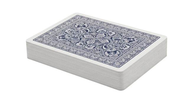 A white deck of playing cards with a black design on a black background