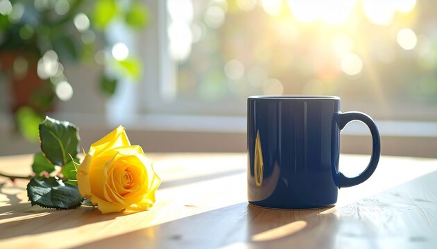 父の日のイメージ 紺色のマグカップと一輪の黄色いバラ 窓辺の明るい光とコピースペース