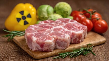 Fototapeta premium Fresh Raw Meat on Wooden Cutting Board Surrounded by Colorful Vegetables and Herbs in Natural Lighting