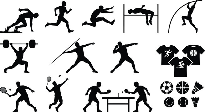 Individual sports figures and equipment black silhouettes with track and field pole vault high jump sports apparel t shirts soccer ball tennis ball badminton shuttlecock table tennis athletes