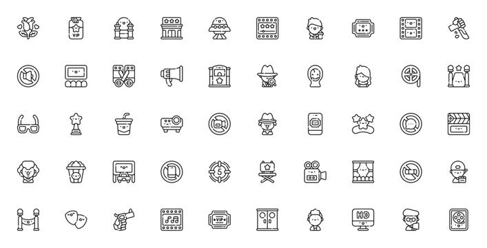 Cinema icon set. Vector illustration pack with film, director, ticket, popcorn, theater, camera, horror, comedy and more. Editable stroke icons.