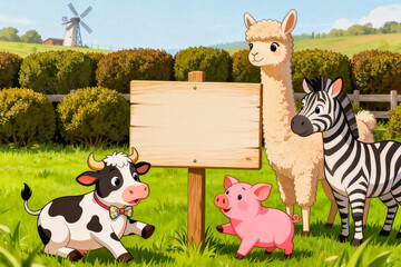 Fototapeta premium Cartoon Animals on Green Farmland with Signboard