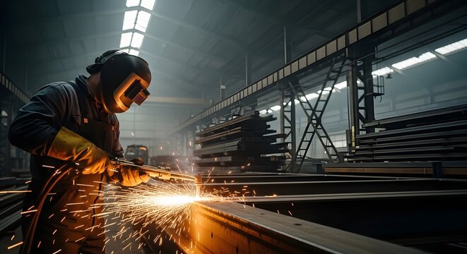 Cinematic close view of a metalworker cutting a thick steel plate using an oxy fuel torch inside a steel fabrication warehouse Bright sparks scatter across the floor while glowing molten edges form al