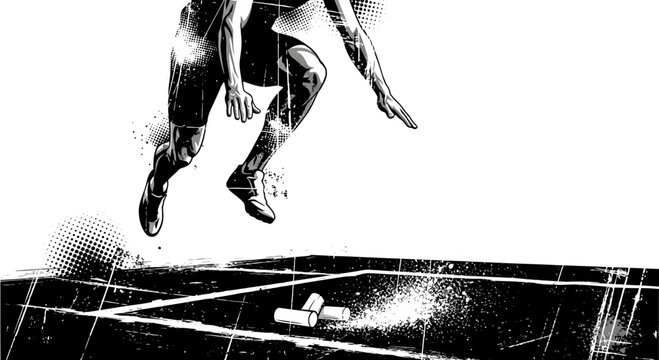 Athlete starting race on track, dynamic black and white illustration