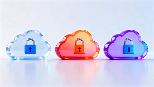 Secure cloud data storage concept with three locked cloud icons in vibrant colors