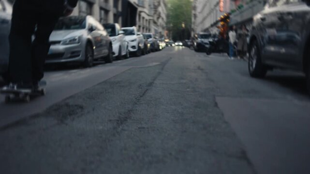 Stylish businessman skateboarding down a paris street