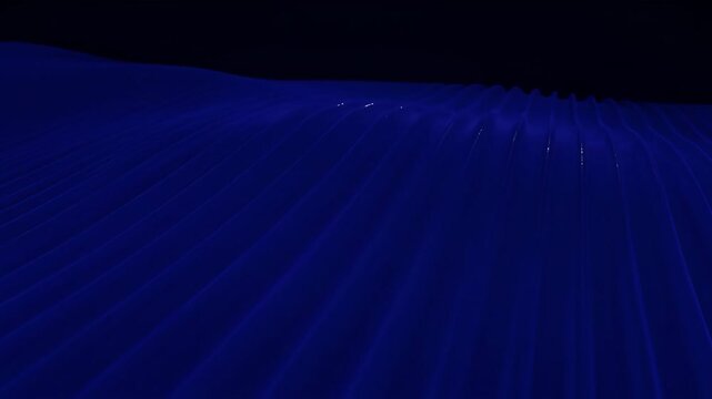 Deep blue abstract fabric fold with flowing pleats and ripple wave texture, navy sheen pleat fold creating serene futuristic blue illuminated wave pattern and glowing highlights