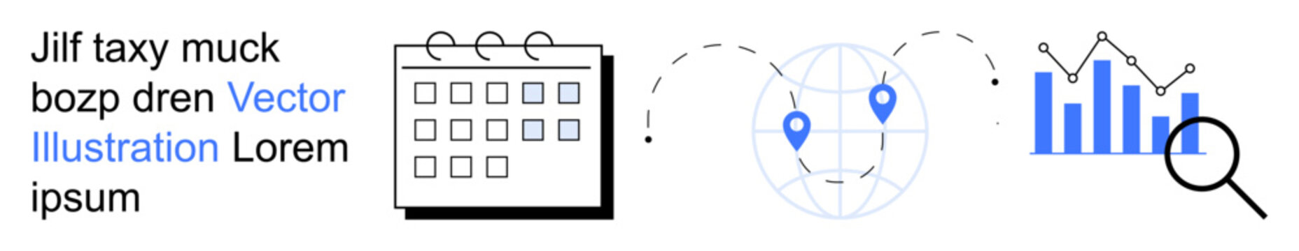 Business strategy, global navigation, data analytics, schedule planning, market trends, location tracking. Minimalist icons calendar, globe with markers analytics chart. Business strategy and global